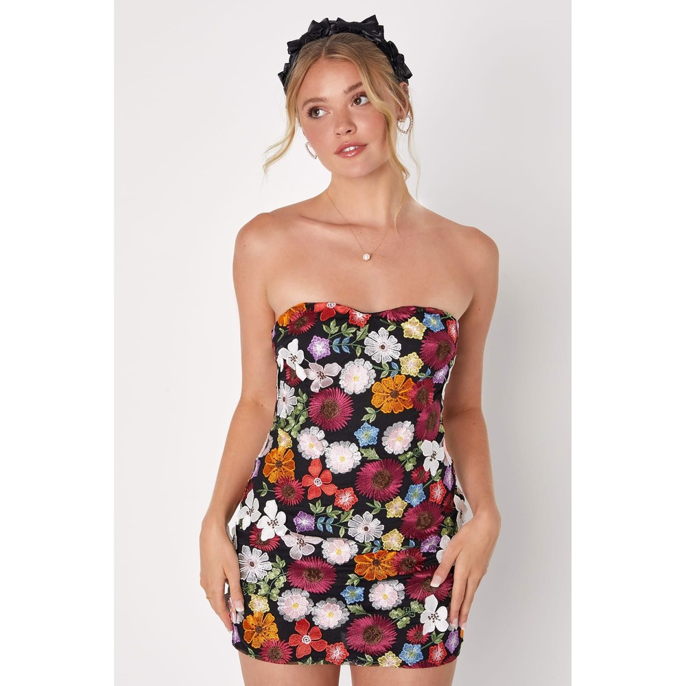 Lulus Thriving Beauty Black 3D Floral Embroidered Strapless Mini Dress